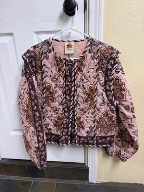 FARM Rio Pink Floral Quilted Bomber Jacket with Brown & Purple Accents